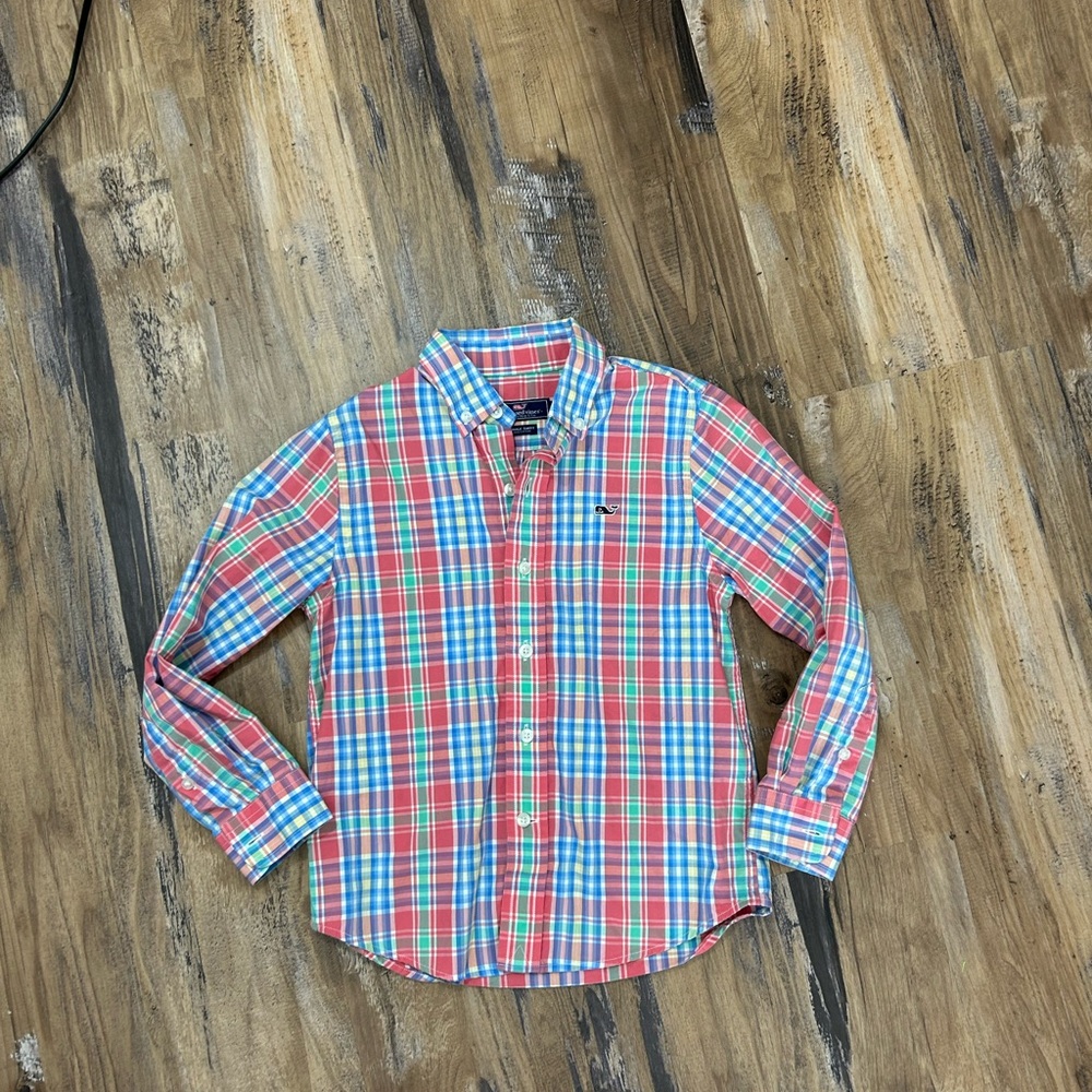 Vineyard Vines Boys Coral, Blue & White Plaid Button-Down Shirt